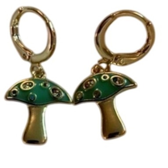 Funky Mushroom Dangle Earrings Green Gold Tone Unique Jewelry - Picture 1 of 1